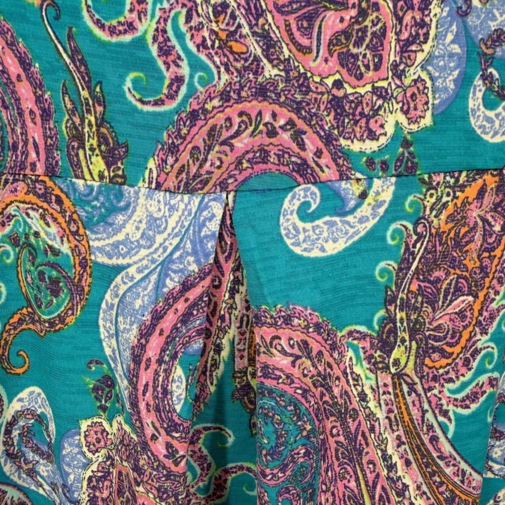 Dear Scarlett Teal Pink Paisley Roll Tab Sleeve Shift Dress 2X Non Wrinkle - Picture 7 of 10